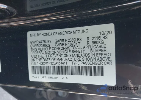 2020 Honda Accord Sport z USA, uszkodzony, nr VIN 1HGCV1F32LA154411